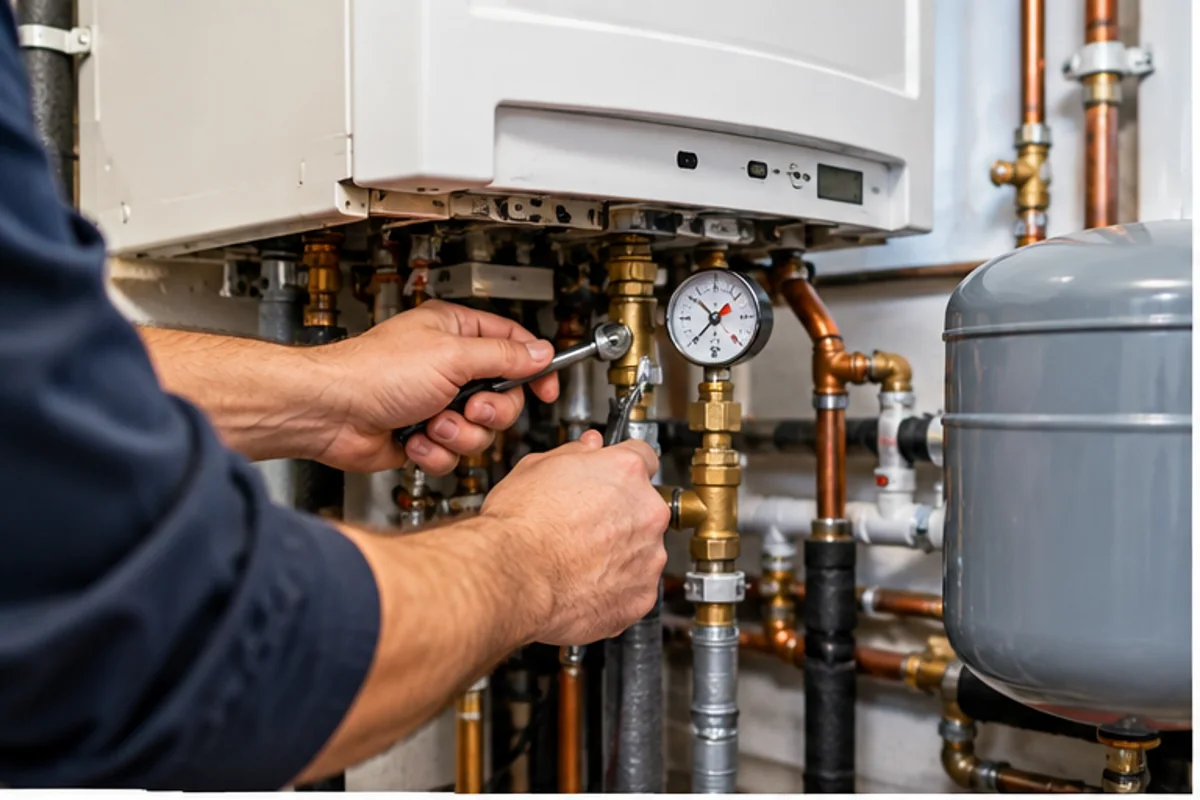 Technician checking boiler pressure and fittings before winter heating season in Medford MA